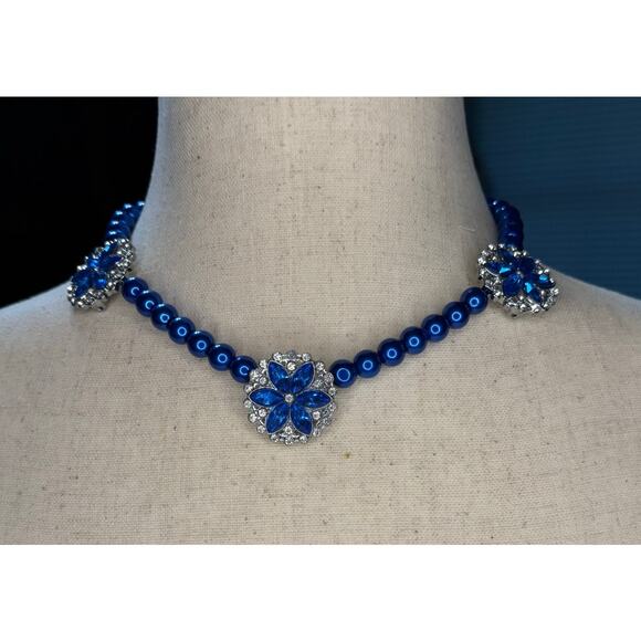 Handmade Jewelry - Handmade Blue Beaded Choker with Floral Crystal Accents